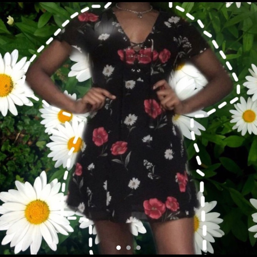 Black floral lace up dress